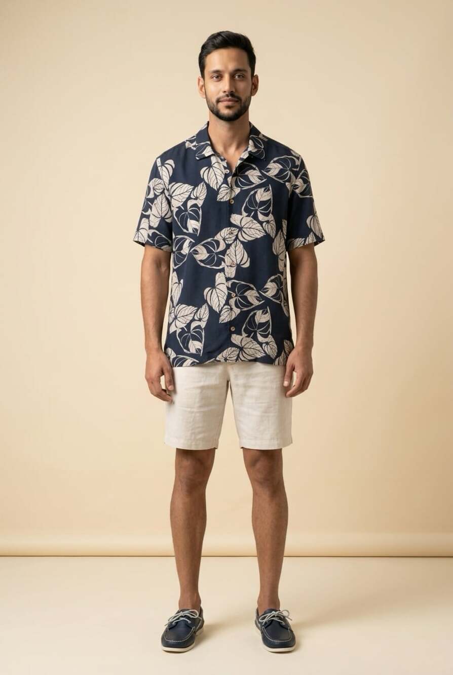 Tommy Bahama Men's Size M Navy Leaf Print 100% Silk Short Sleeve Shirt